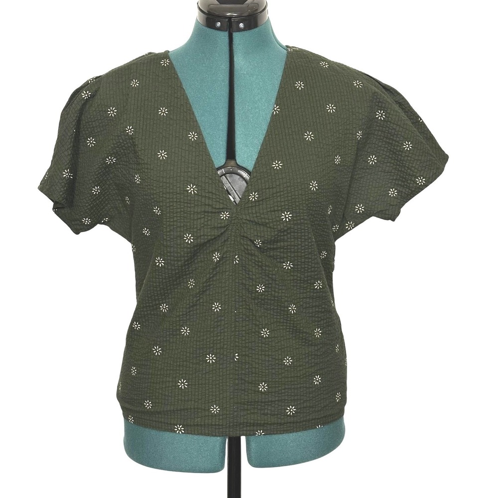 Madewell Blouse Womens 4 Green V-Neck‎ Ruched Daisy Floral Short Sleeve Side Zip